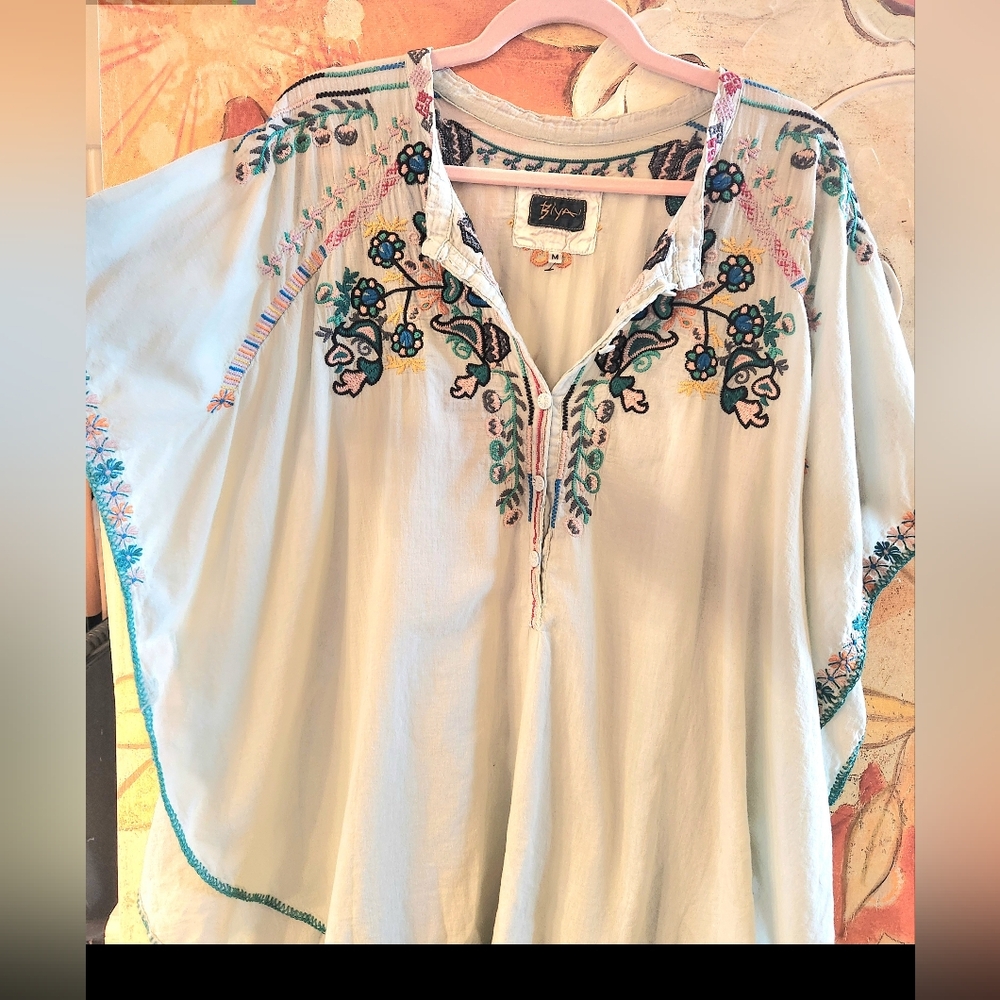 VTG 80s BILA HTF MINT Embroidery Cotton Batwing Festive Johnny Was S/S Top EUVC
